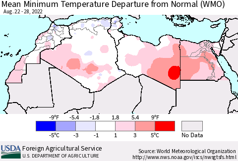 North Africa Mean Minimum Temperature Departure from Normal (WMO) Thematic Map For 8/22/2022 - 8/28/2022