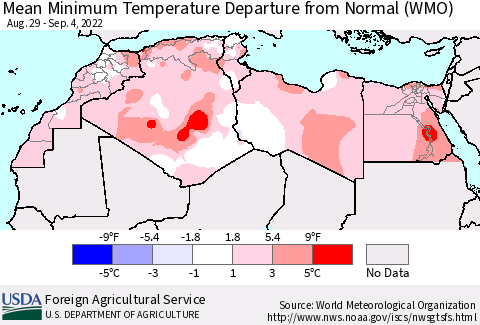 North Africa Mean Minimum Temperature Departure from Normal (WMO) Thematic Map For 8/29/2022 - 9/4/2022