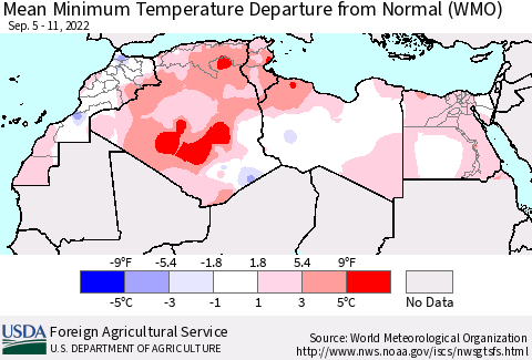 North Africa Mean Minimum Temperature Departure from Normal (WMO) Thematic Map For 9/5/2022 - 9/11/2022