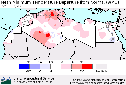 North Africa Mean Minimum Temperature Departure from Normal (WMO) Thematic Map For 9/12/2022 - 9/18/2022