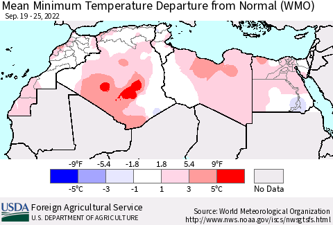 North Africa Mean Minimum Temperature Departure from Normal (WMO) Thematic Map For 9/19/2022 - 9/25/2022