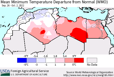 North Africa Mean Minimum Temperature Departure from Normal (WMO) Thematic Map For 9/26/2022 - 10/2/2022