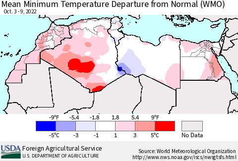 North Africa Mean Minimum Temperature Departure from Normal (WMO) Thematic Map For 10/3/2022 - 10/9/2022