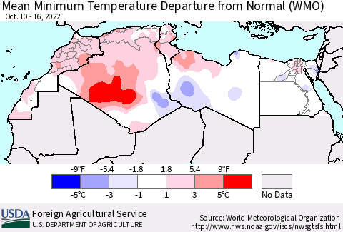 North Africa Mean Minimum Temperature Departure from Normal (WMO) Thematic Map For 10/10/2022 - 10/16/2022