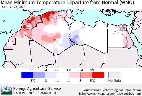 North Africa Mean Minimum Temperature Departure from Normal (WMO) Thematic Map For 10/17/2022 - 10/23/2022