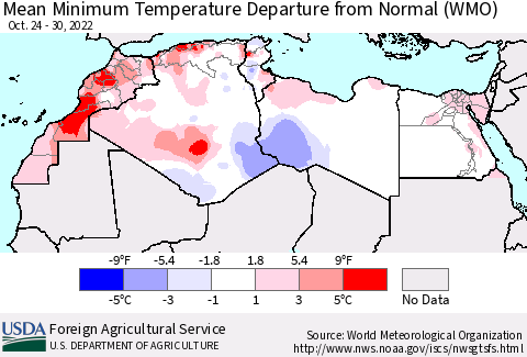 North Africa Mean Minimum Temperature Departure from Normal (WMO) Thematic Map For 10/24/2022 - 10/30/2022