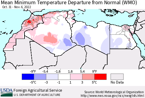 North Africa Mean Minimum Temperature Departure from Normal (WMO) Thematic Map For 10/31/2022 - 11/6/2022