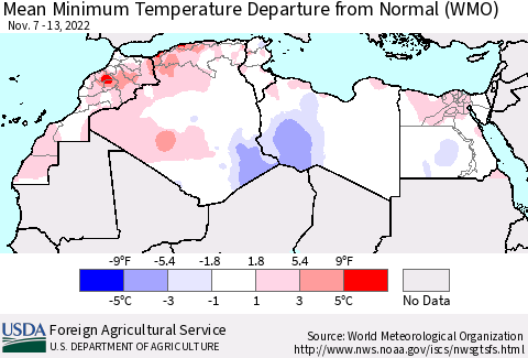 North Africa Mean Minimum Temperature Departure from Normal (WMO) Thematic Map For 11/7/2022 - 11/13/2022