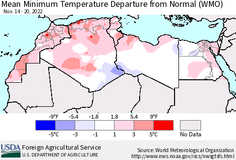 North Africa Mean Minimum Temperature Departure from Normal (WMO) Thematic Map For 11/14/2022 - 11/20/2022
