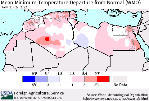 North Africa Mean Minimum Temperature Departure from Normal (WMO) Thematic Map For 11/21/2022 - 11/27/2022