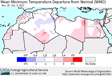 North Africa Mean Minimum Temperature Departure from Normal (WMO) Thematic Map For 11/28/2022 - 12/4/2022