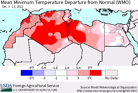 North Africa Mean Minimum Temperature Departure from Normal (WMO) Thematic Map For 12/5/2022 - 12/11/2022