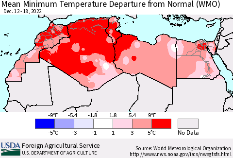 North Africa Mean Minimum Temperature Departure from Normal (WMO) Thematic Map For 12/12/2022 - 12/18/2022