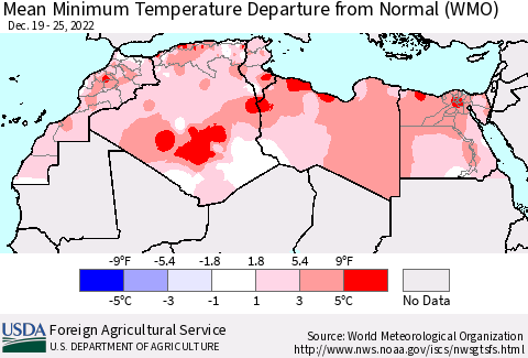 North Africa Mean Minimum Temperature Departure from Normal (WMO) Thematic Map For 12/19/2022 - 12/25/2022