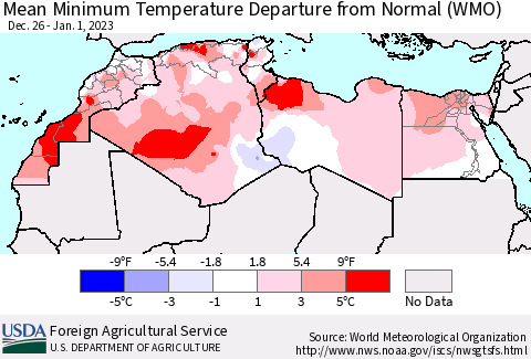 North Africa Mean Minimum Temperature Departure from Normal (WMO) Thematic Map For 12/26/2022 - 1/1/2023