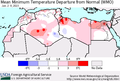 North Africa Mean Minimum Temperature Departure from Normal (WMO) Thematic Map For 1/2/2023 - 1/8/2023