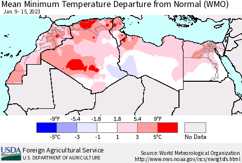 North Africa Mean Minimum Temperature Departure from Normal (WMO) Thematic Map For 1/9/2023 - 1/15/2023