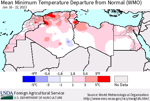 North Africa Mean Minimum Temperature Departure from Normal (WMO) Thematic Map For 1/16/2023 - 1/22/2023