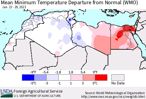 North Africa Mean Minimum Temperature Departure from Normal (WMO) Thematic Map For 1/23/2023 - 1/29/2023