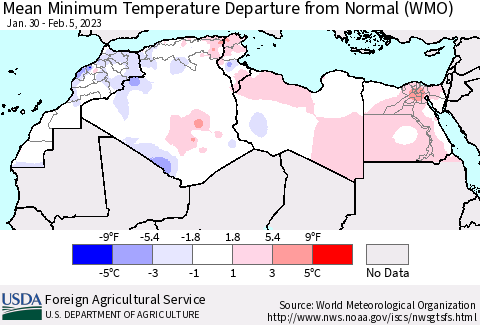 North Africa Mean Minimum Temperature Departure from Normal (WMO) Thematic Map For 1/30/2023 - 2/5/2023