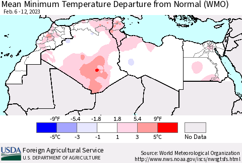 North Africa Mean Minimum Temperature Departure from Normal (WMO) Thematic Map For 2/6/2023 - 2/12/2023