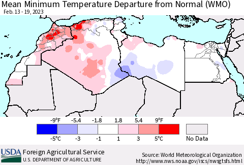 North Africa Mean Minimum Temperature Departure from Normal (WMO) Thematic Map For 2/13/2023 - 2/19/2023