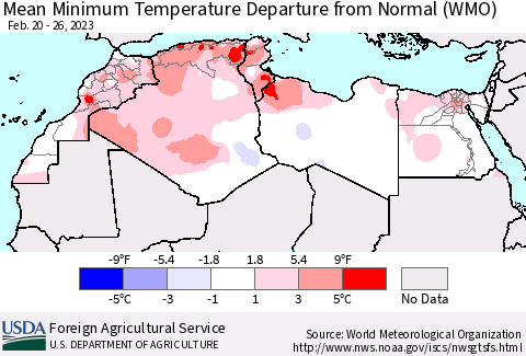 North Africa Mean Minimum Temperature Departure from Normal (WMO) Thematic Map For 2/20/2023 - 2/26/2023