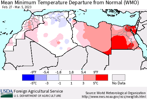 North Africa Mean Minimum Temperature Departure from Normal (WMO) Thematic Map For 2/27/2023 - 3/5/2023