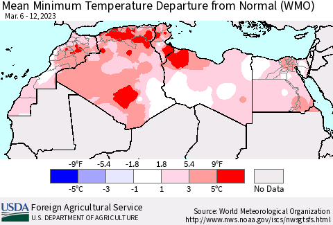 North Africa Mean Minimum Temperature Departure from Normal (WMO) Thematic Map For 3/6/2023 - 3/12/2023