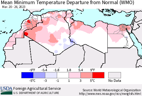 North Africa Mean Minimum Temperature Departure from Normal (WMO) Thematic Map For 3/20/2023 - 3/26/2023