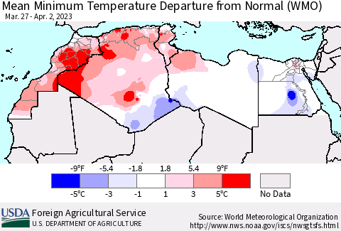 North Africa Mean Minimum Temperature Departure from Normal (WMO) Thematic Map For 3/27/2023 - 4/2/2023
