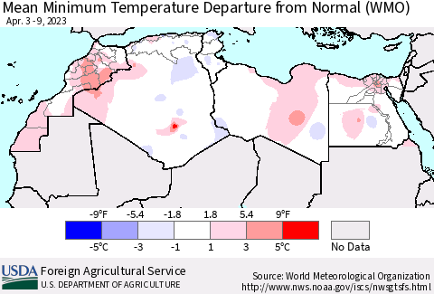 North Africa Mean Minimum Temperature Departure from Normal (WMO) Thematic Map For 4/3/2023 - 4/9/2023