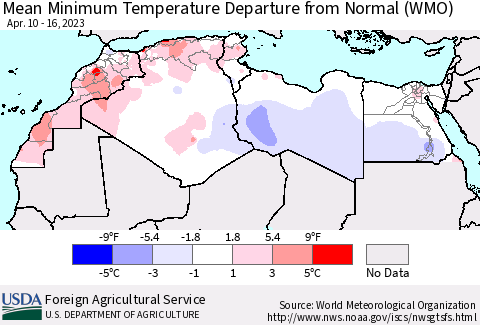 North Africa Mean Minimum Temperature Departure from Normal (WMO) Thematic Map For 4/10/2023 - 4/16/2023