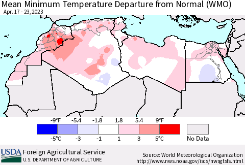 North Africa Mean Minimum Temperature Departure from Normal (WMO) Thematic Map For 4/17/2023 - 4/23/2023