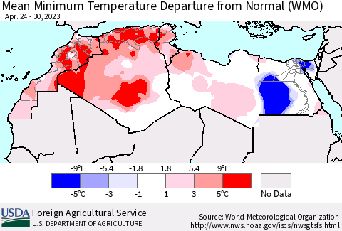 North Africa Mean Minimum Temperature Departure from Normal (WMO) Thematic Map For 4/24/2023 - 4/30/2023