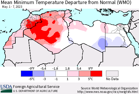 North Africa Mean Minimum Temperature Departure from Normal (WMO) Thematic Map For 5/1/2023 - 5/7/2023