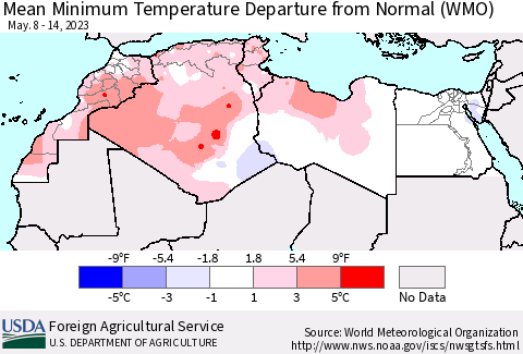 North Africa Mean Minimum Temperature Departure from Normal (WMO) Thematic Map For 5/8/2023 - 5/14/2023