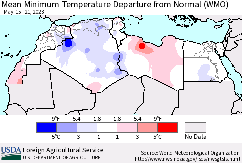 North Africa Mean Minimum Temperature Departure from Normal (WMO) Thematic Map For 5/15/2023 - 5/21/2023
