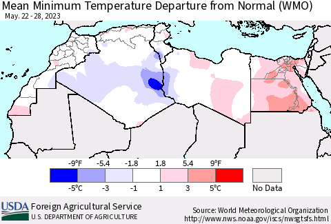North Africa Mean Minimum Temperature Departure from Normal (WMO) Thematic Map For 5/22/2023 - 5/28/2023