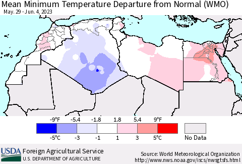 North Africa Mean Minimum Temperature Departure from Normal (WMO) Thematic Map For 5/29/2023 - 6/4/2023