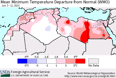 North Africa Mean Minimum Temperature Departure from Normal (WMO) Thematic Map For 6/5/2023 - 6/11/2023