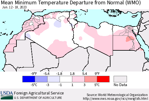 North Africa Mean Minimum Temperature Departure from Normal (WMO) Thematic Map For 6/12/2023 - 6/18/2023