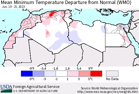 North Africa Mean Minimum Temperature Departure from Normal (WMO) Thematic Map For 6/19/2023 - 6/25/2023