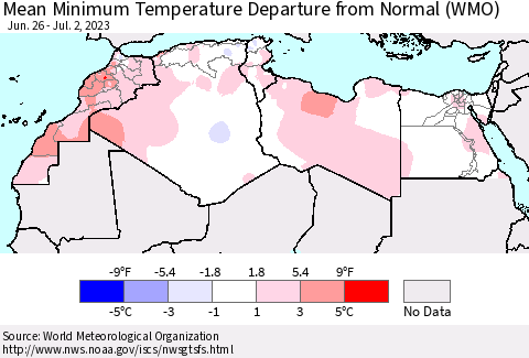 North Africa Mean Minimum Temperature Departure from Normal (WMO) Thematic Map For 6/26/2023 - 7/2/2023