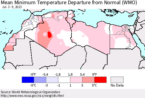 North Africa Mean Minimum Temperature Departure from Normal (WMO) Thematic Map For 7/3/2023 - 7/9/2023