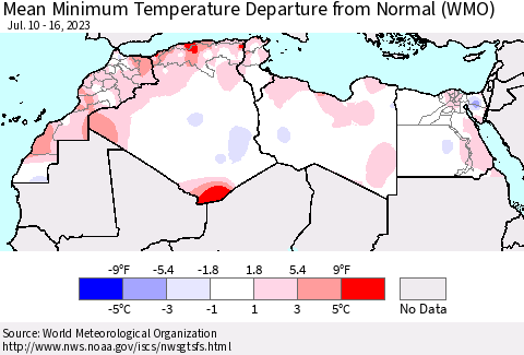 North Africa Mean Minimum Temperature Departure from Normal (WMO) Thematic Map For 7/10/2023 - 7/16/2023
