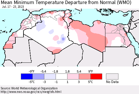 North Africa Mean Minimum Temperature Departure from Normal (WMO) Thematic Map For 7/17/2023 - 7/23/2023