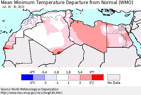 North Africa Mean Minimum Temperature Departure from Normal (WMO) Thematic Map For 7/24/2023 - 7/30/2023