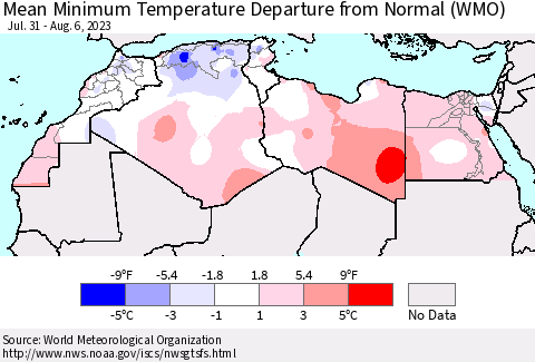 North Africa Mean Minimum Temperature Departure from Normal (WMO) Thematic Map For 7/31/2023 - 8/6/2023