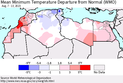 North Africa Mean Minimum Temperature Departure from Normal (WMO) Thematic Map For 8/7/2023 - 8/13/2023